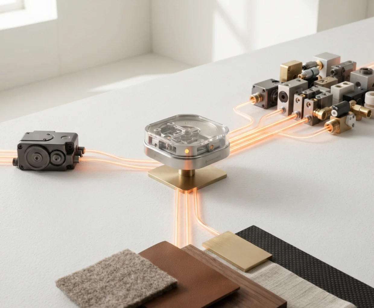Modular execution and contextual materials converging on a shared operating hub.